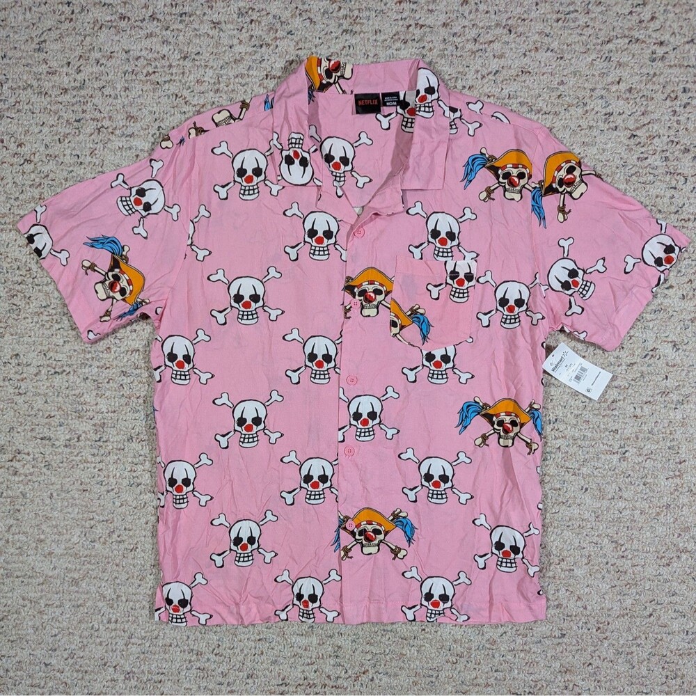 Netflix One Piece Shirt Button Up Mens M Pink Rayon Buggy Skull AOP Camp
